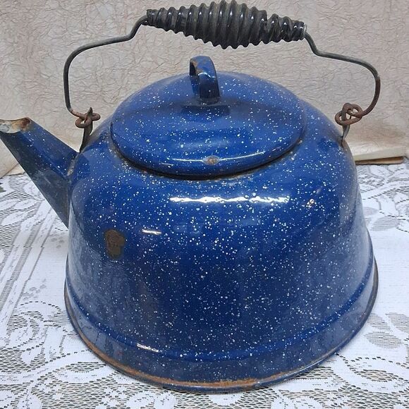 Blue Speckled Enamel Tea kettle - Picture 3 of 11